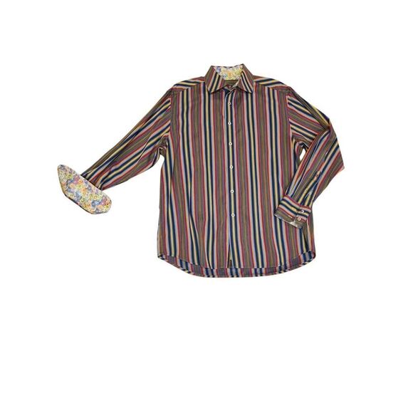 Robert Graham Mens Flip Cuff Shirt Green Red Blue Stripe DAISY Reverse Print | L - Picture 4 of 13
